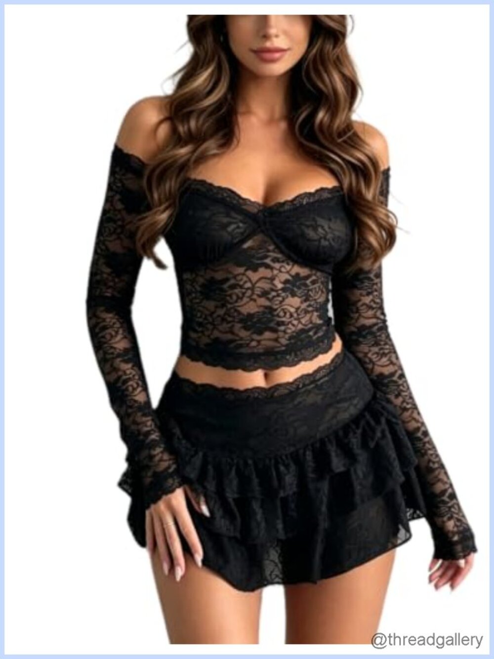 2 Piece Lace Crop Top Mini Skirt Set Sheer Mesh Bodycon Y2K, Women S